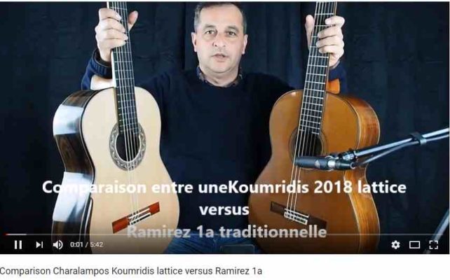Vidéo comparative en une guitare classique lattice du luthier grec Charalampos Koumridis et une guitare traditionnelle du luthier José Ramirez 1a